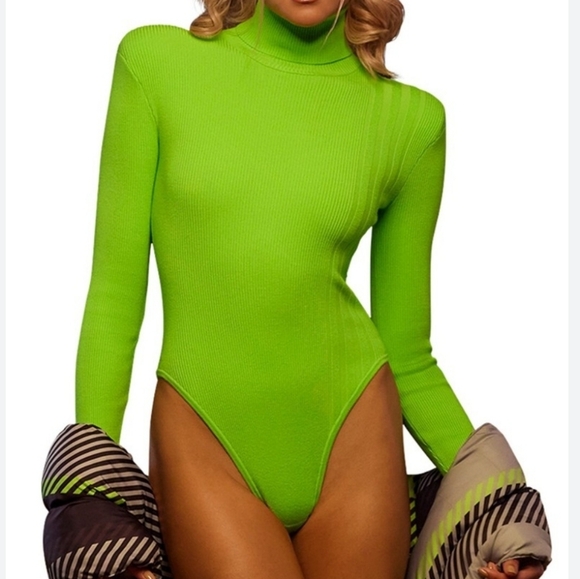 IVY PARK Bright Green Chic Feminine Streetwear Ribbed Turtleneck Bodysuit Size M - Picture 1 of 11